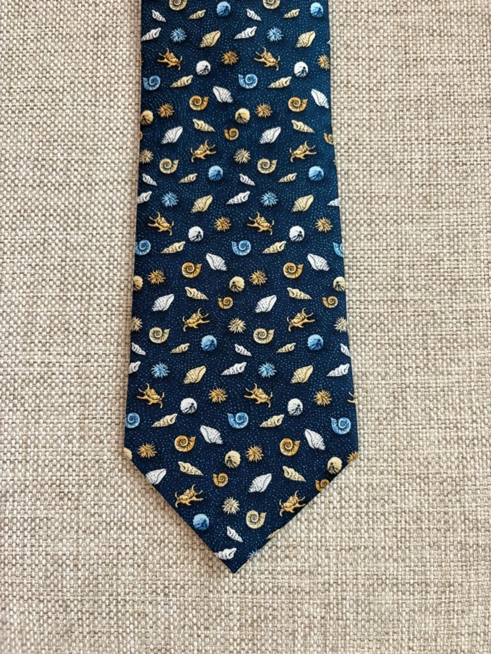Alynn “What the Shell?!” Silk Tie Navy Seashell Crab Novelty Print
